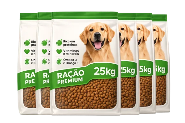 Seis sacos de 25 kg de ração premium, somando 150 kg